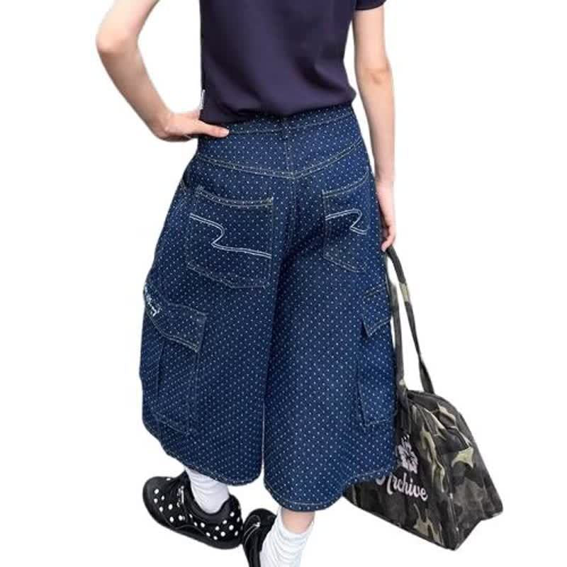 Dot Embroidered Large Pocket Seven-Eighth Denim Pants