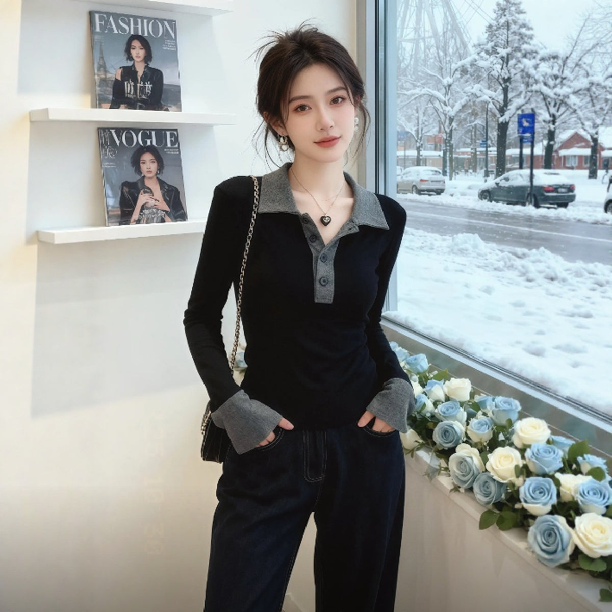 Women's Slim Fit Long Sleeve Polo Collar T-Shirt - Black Grey Rayon Rib Top