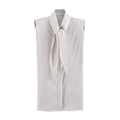 Ribbon tie shoulder pad striped shirt for women