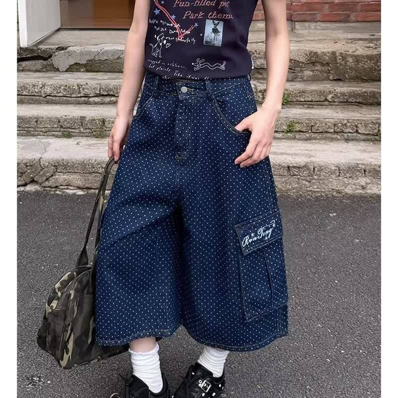 Dot Embroidered Large Pocket Seven-Eighth Denim Pants