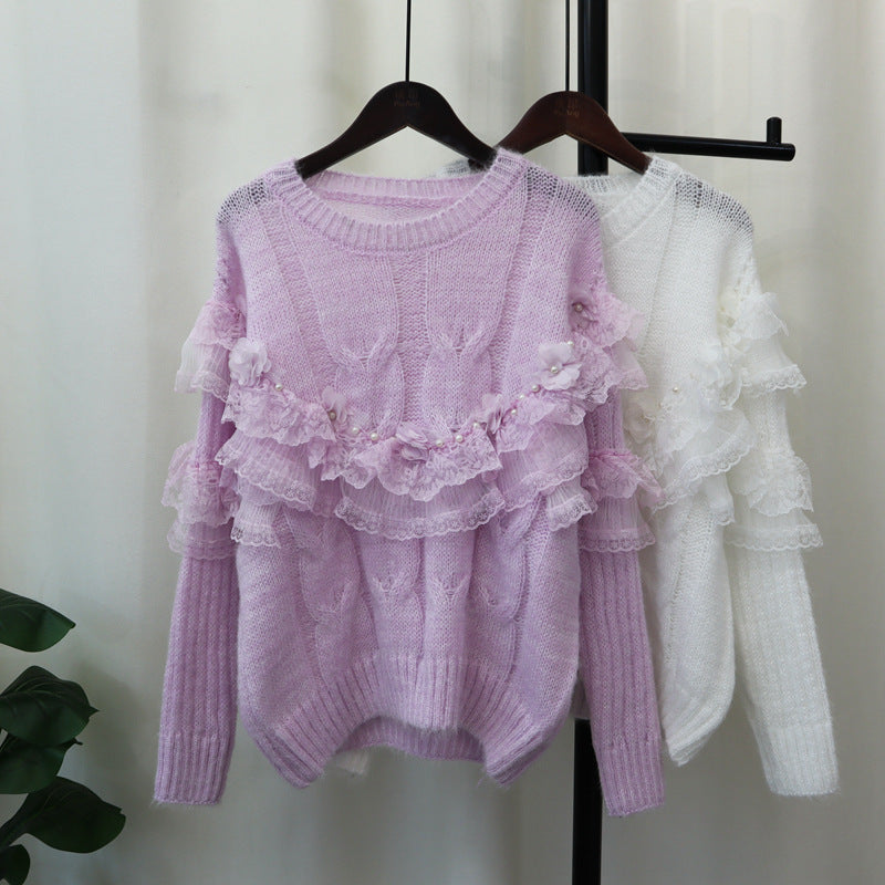 Splicing mesh flower sweater