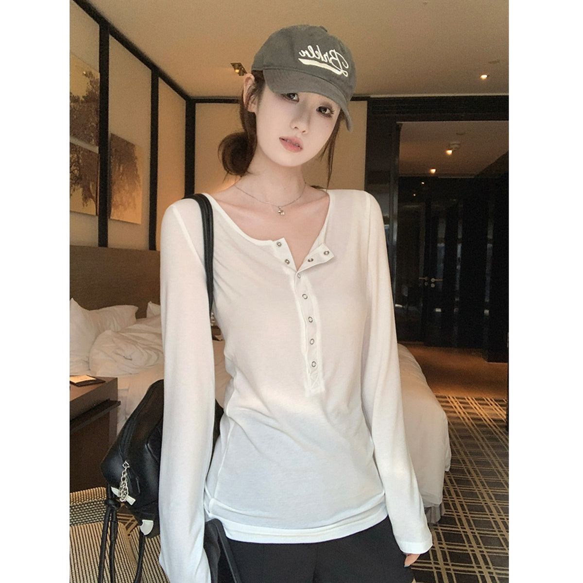 Long Sleeve Half-Open Collar T-Shirt Women Slim Fit Base Layer Top