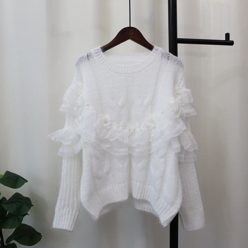Splicing mesh flower sweater
