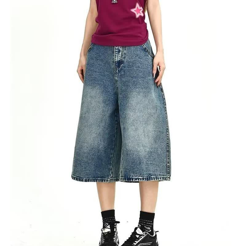 Star Letter Embroidery Denim Capri Pants