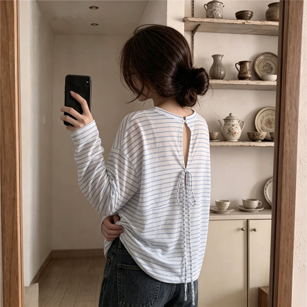 Women's Long Sleeve Striped T-Shirt Loose Fit Hollow Out Lace Up Lightweight Sun Protection Cover Up Top