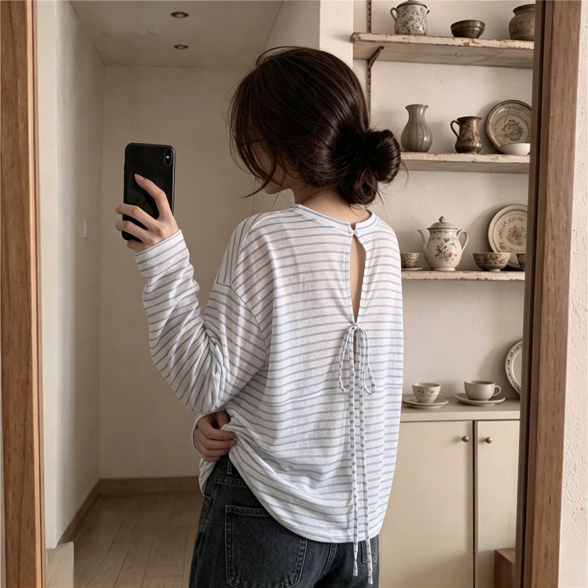 Women's Long Sleeve Striped T-Shirt Loose Fit Hollow Out Lace Up Lightweight Sun Protection Cover Up Top