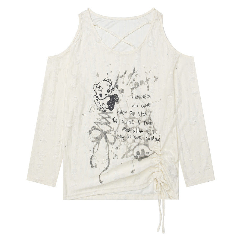 Rice white texture off shoulder long sleeved T-shirt