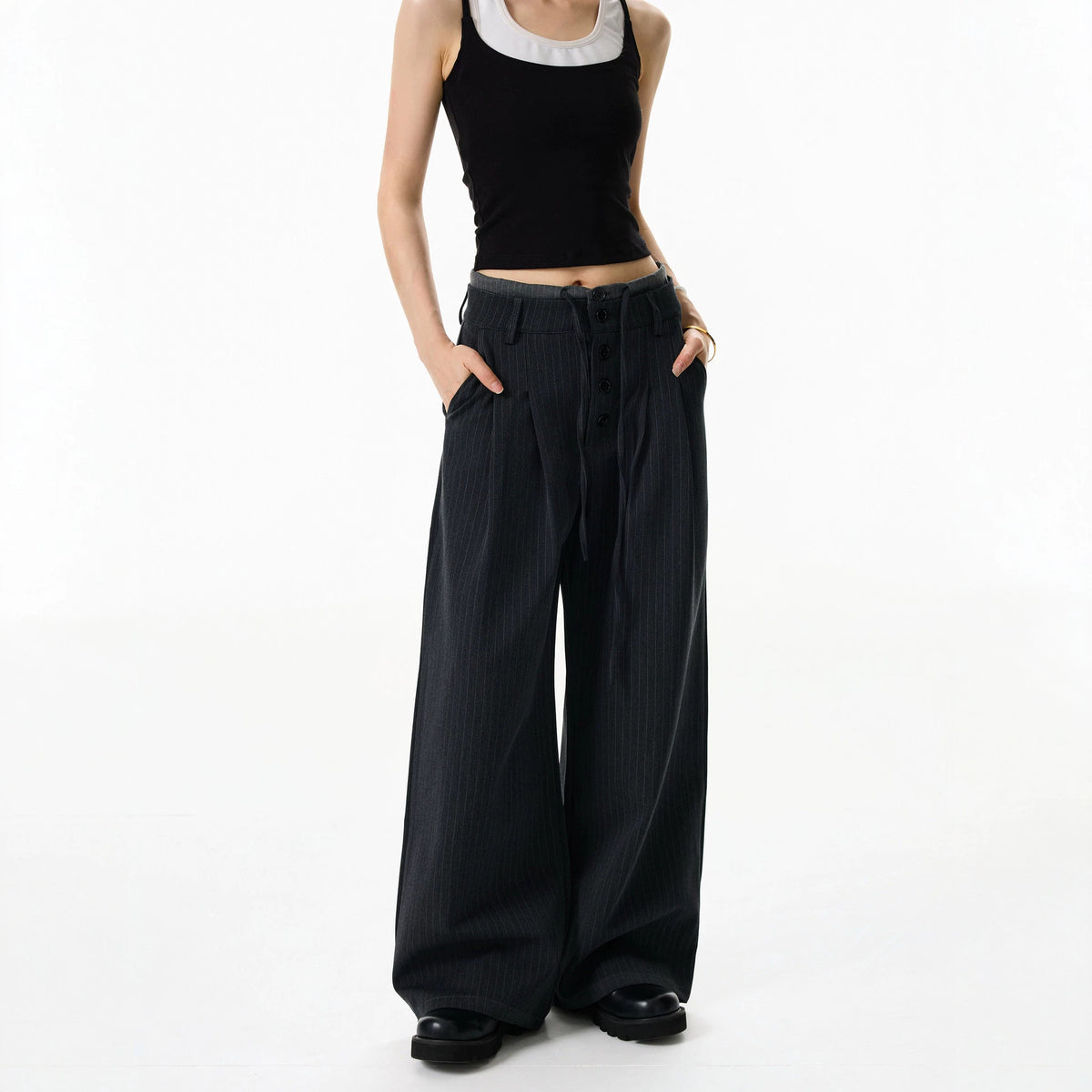 Summer Double Waistband Design Striped Casual Dress Pants for Men, High-End Loose Pleated Wide-Leg Suit Trousers