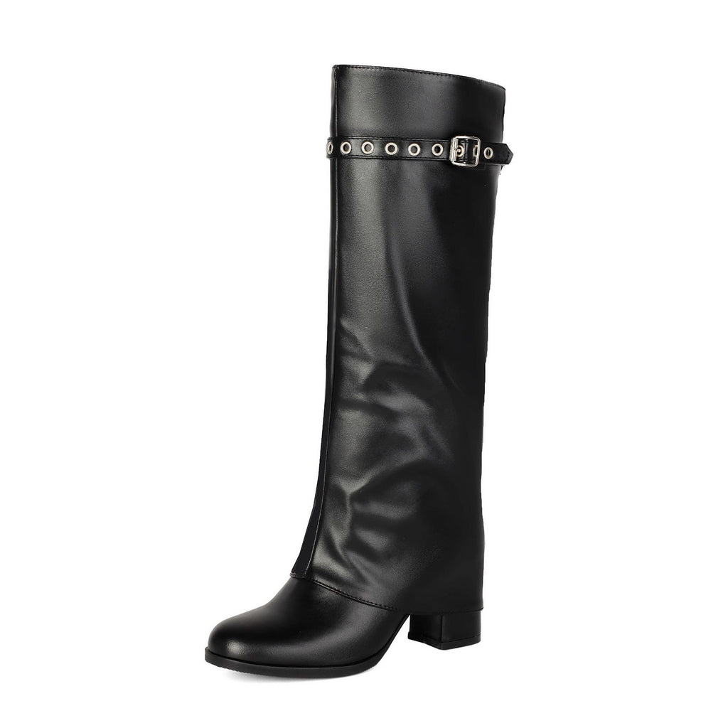 High Heel Chunky Large Size Slip-On Combat Boots for Women