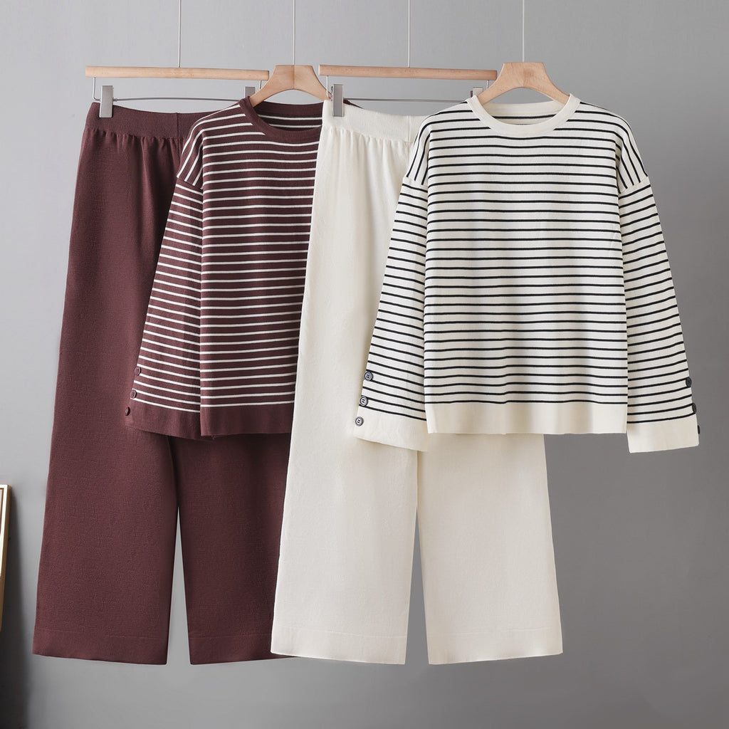 Striped top wide leg pants two-piece set for women