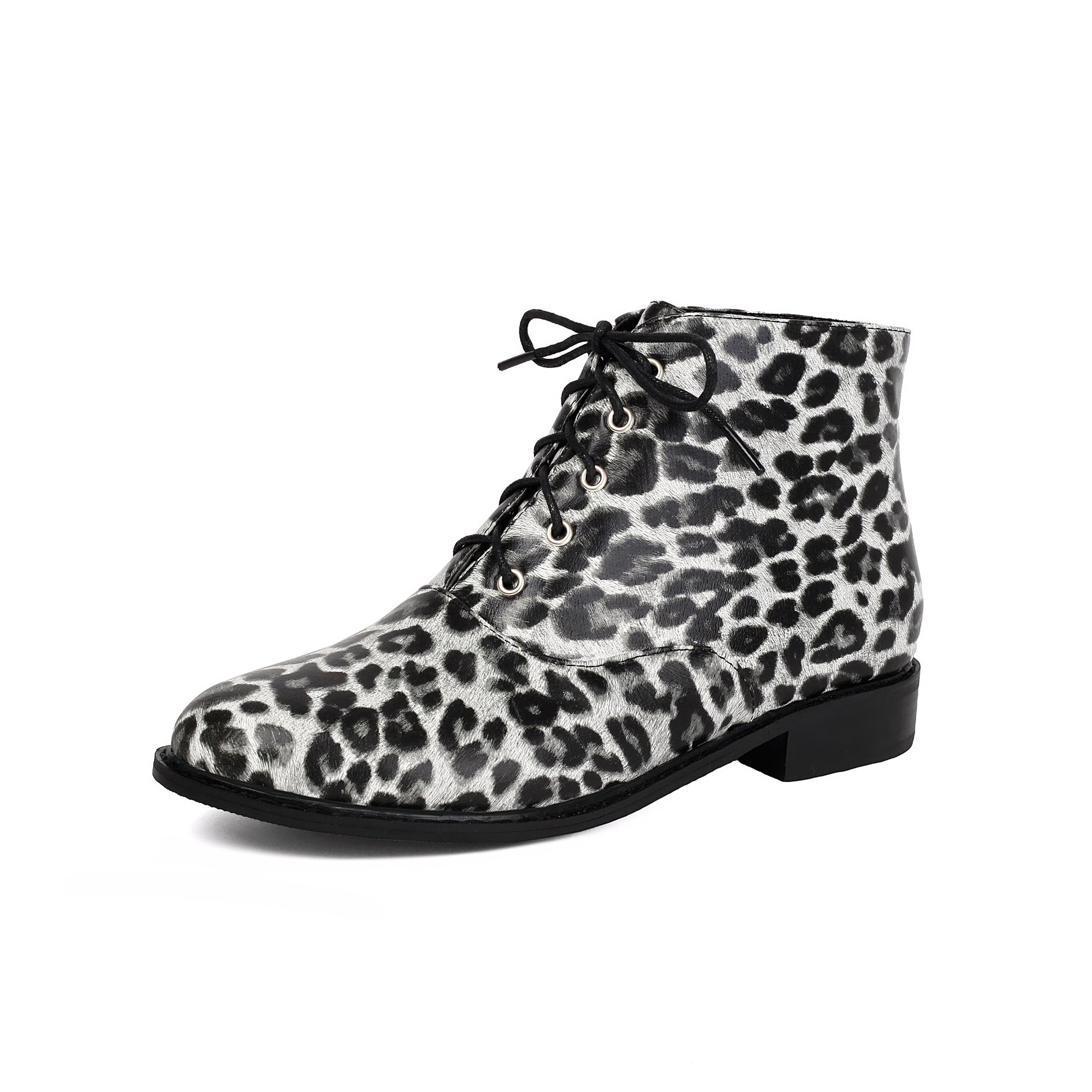 Autumn/winter casual low heel leopard print  extra large size lace-up low-cut Martin boots Made to order, ships in 7 days