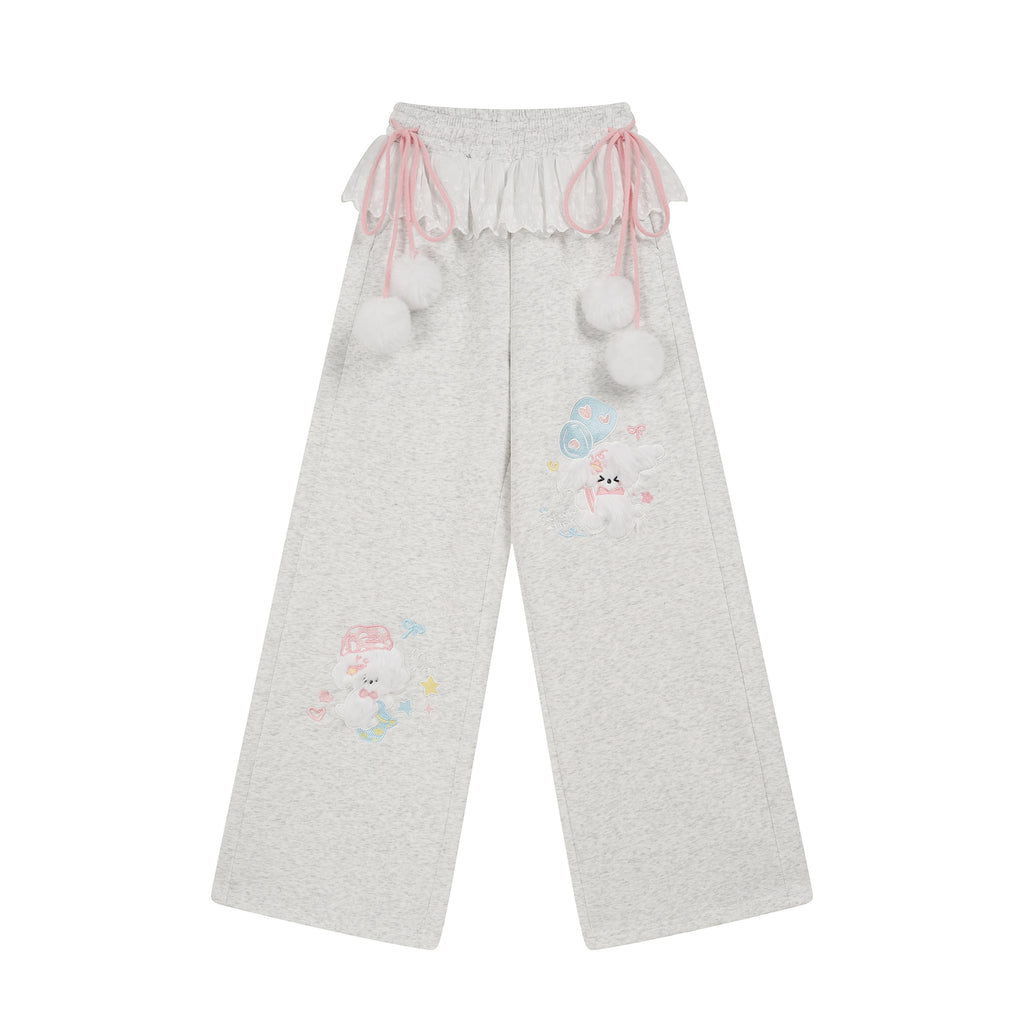 Wide Leg Sweatpants Women Lace Trim Pom-Pom Drawstring High Waist Slimming Long Pants