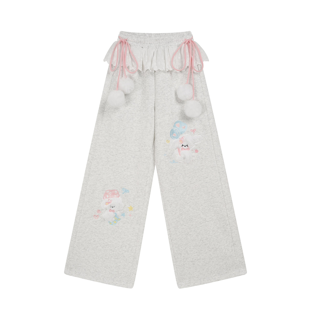 Wide Leg Sweatpants Women Lace Trim Pom-Pom Drawstring High Waist Slimming Long Pants