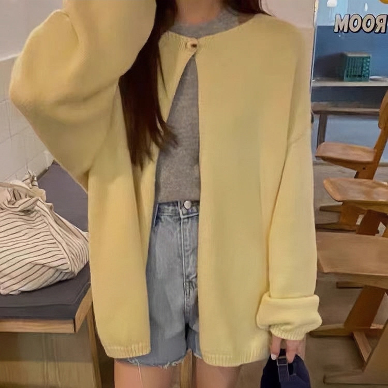 Round Neck Knit Cardigan for Women, Versatile Single Button Inner Layer Sweater Coat