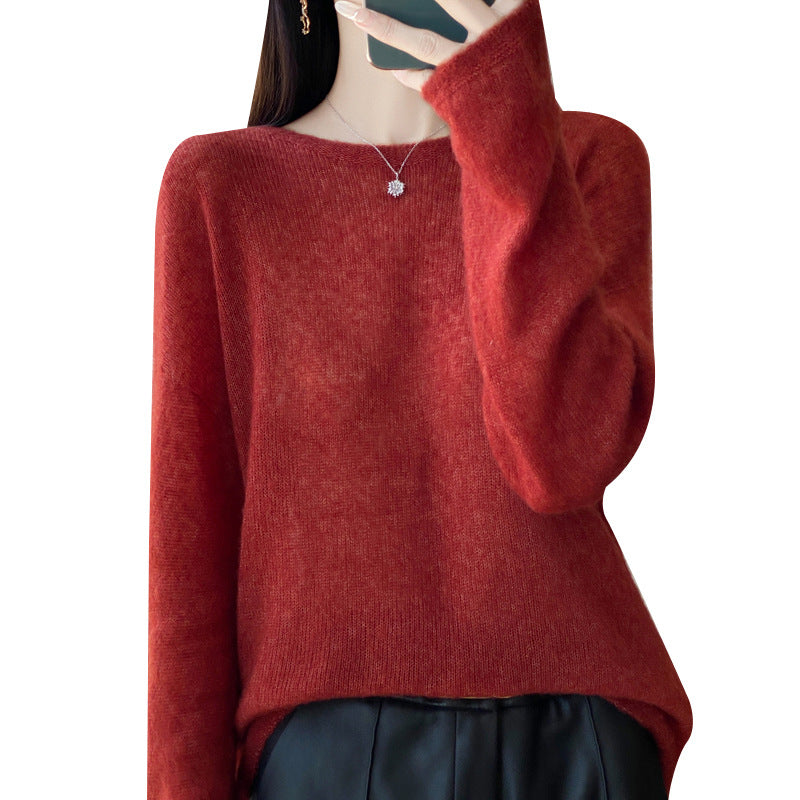 Round neck sweater top paired with knitted sweater for women