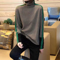 High neck patchwork striped lazy style sweater for women