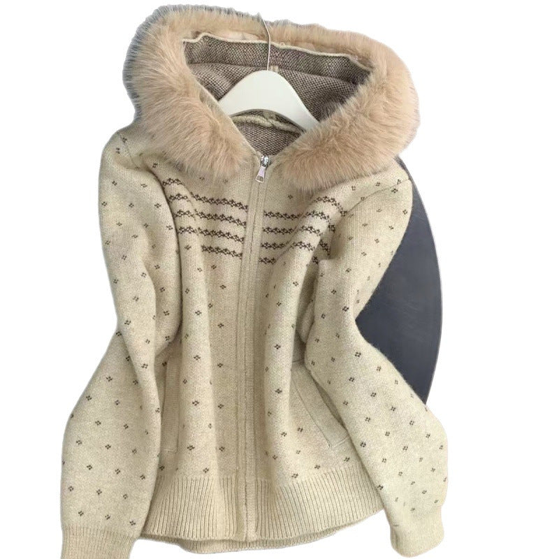 Hooded Fur-Collar Zip-Up Knit Cardigan for Women, Vintage Stylish Thick Short Knit Sweater Coat