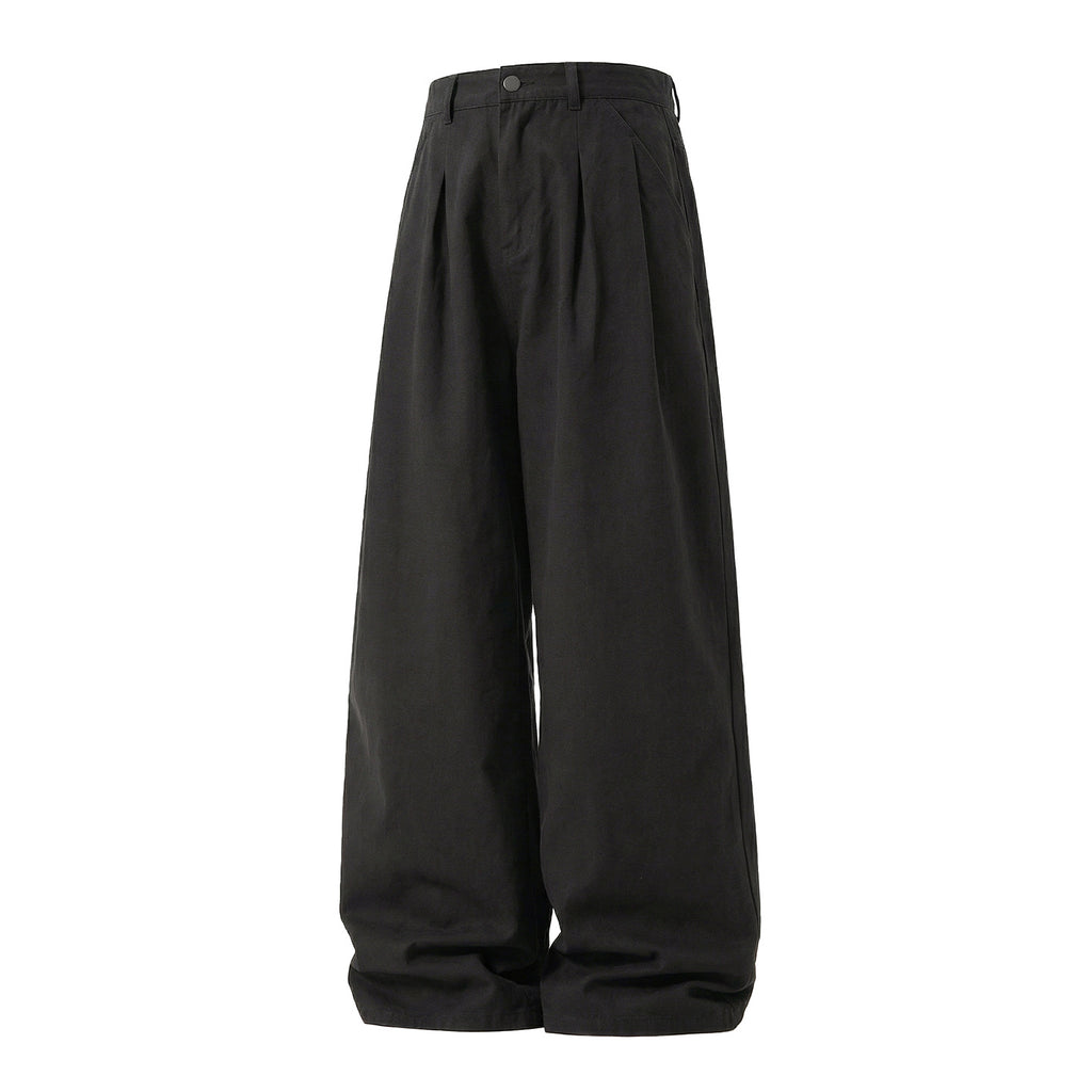Vintage Simple Versatile Double Pleat Casual Pants for Men Spring Basic Wide Leg Loose Texture Straight Fit Long Trousers