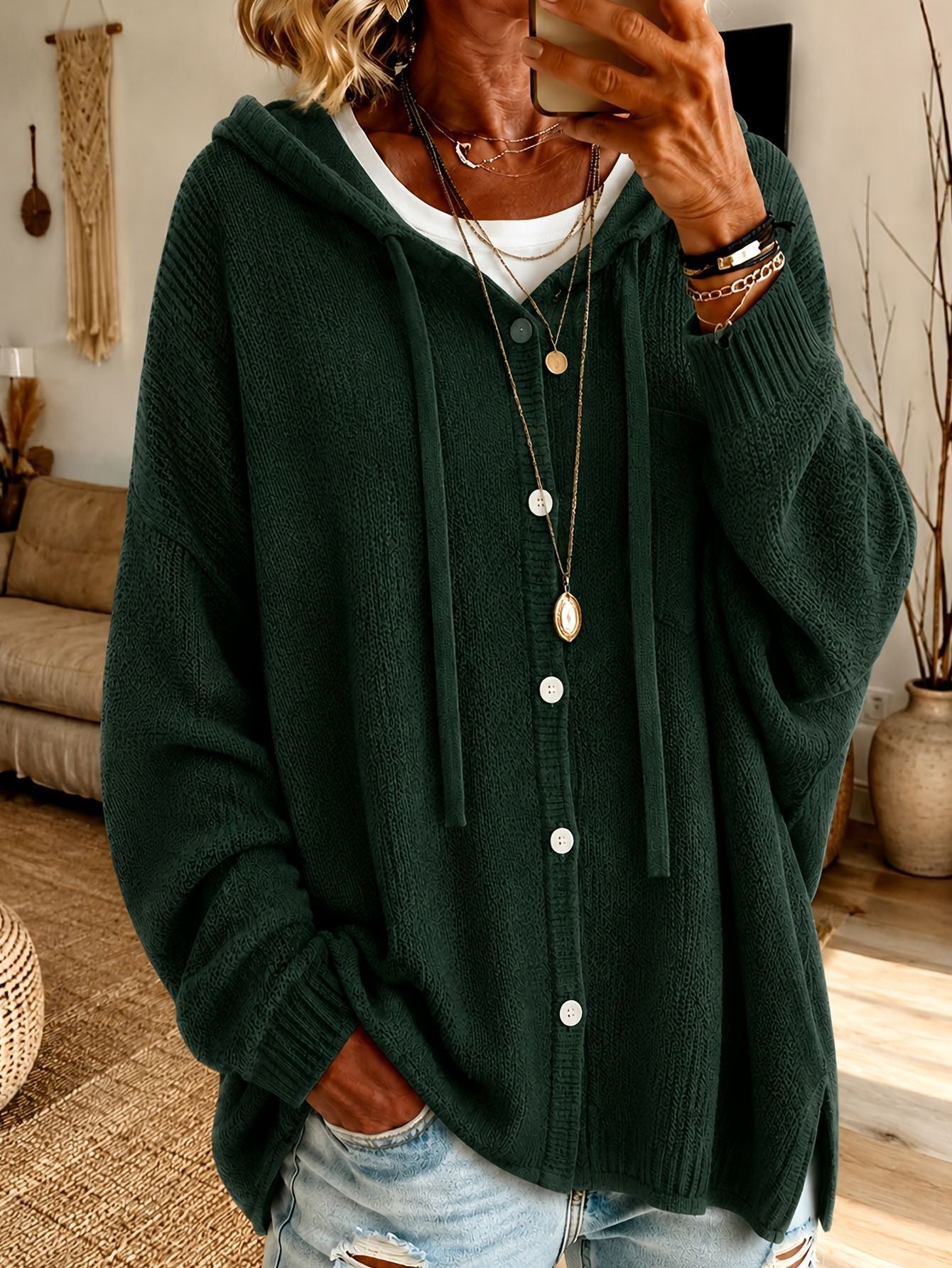 Button knit hooded sweater cardigan jacket