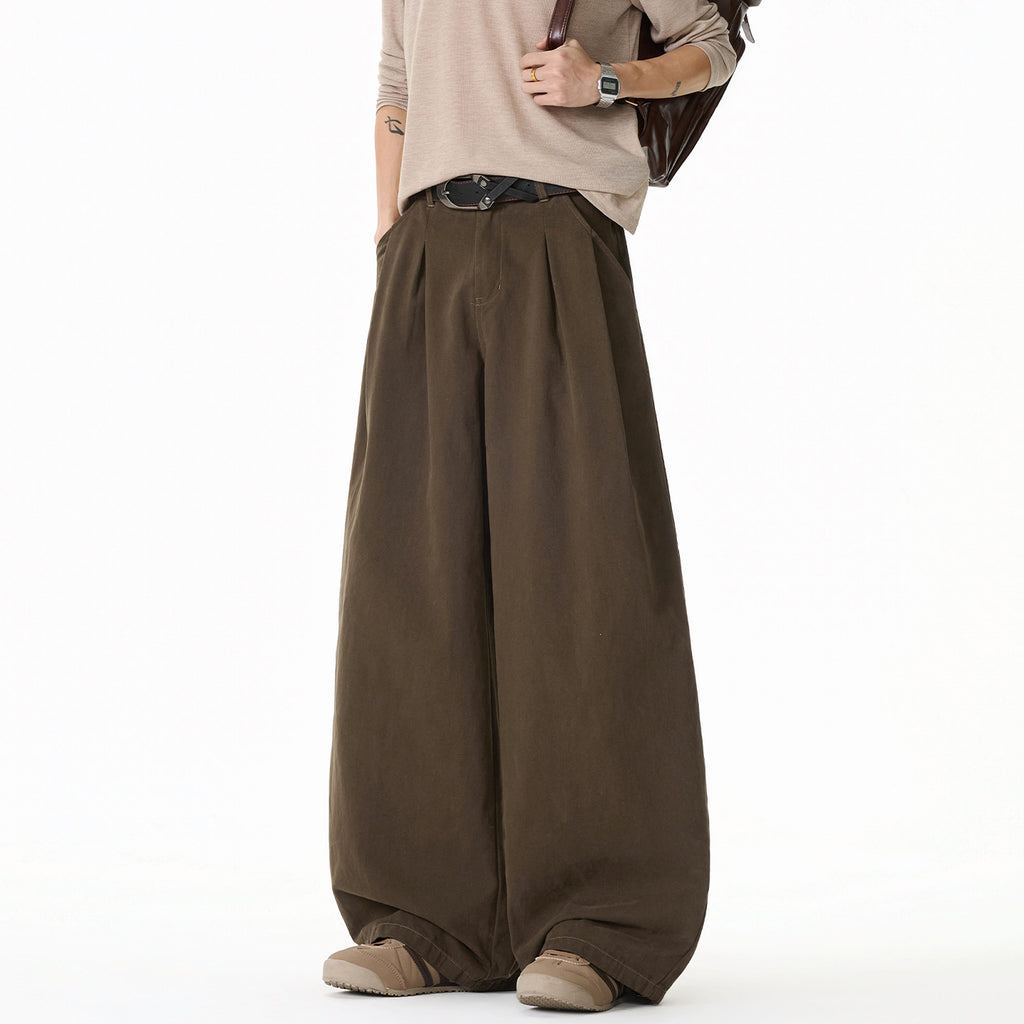 Vintage Simple Versatile Double Pleat Casual Pants for Men Spring Basic Wide Leg Loose Texture Straight Fit Long Trousers