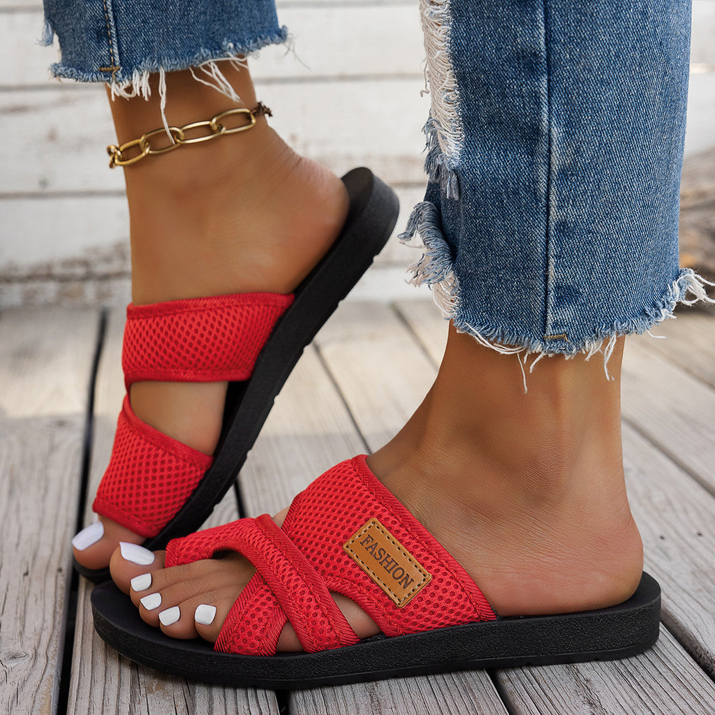 Casual Mesh Breathable Flat Slides for Women, Lightweight Toe-Thru Sandals