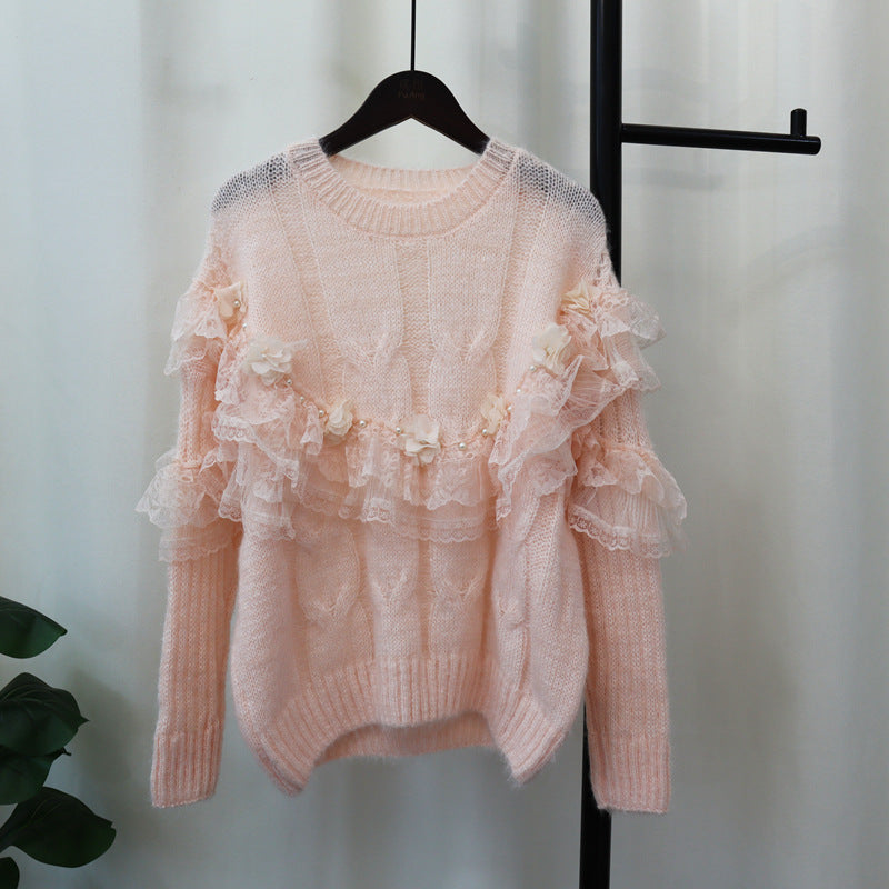 Splicing mesh flower sweater