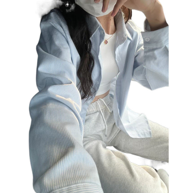 Women's Blue Fine Stripe Loose Long Sleeve Shirt