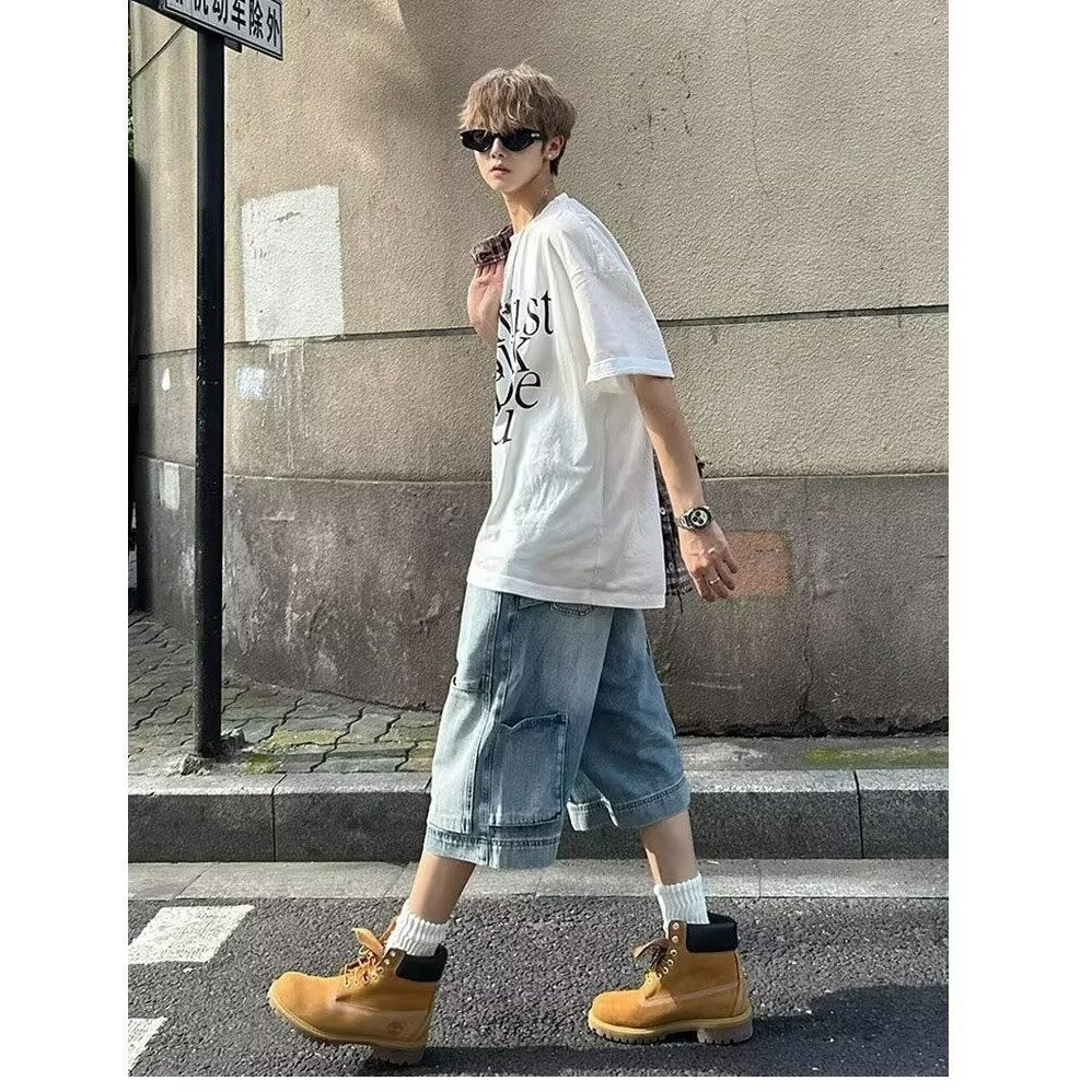 Denim Shorts Men High Street Straight Leg Lumberjack Pants