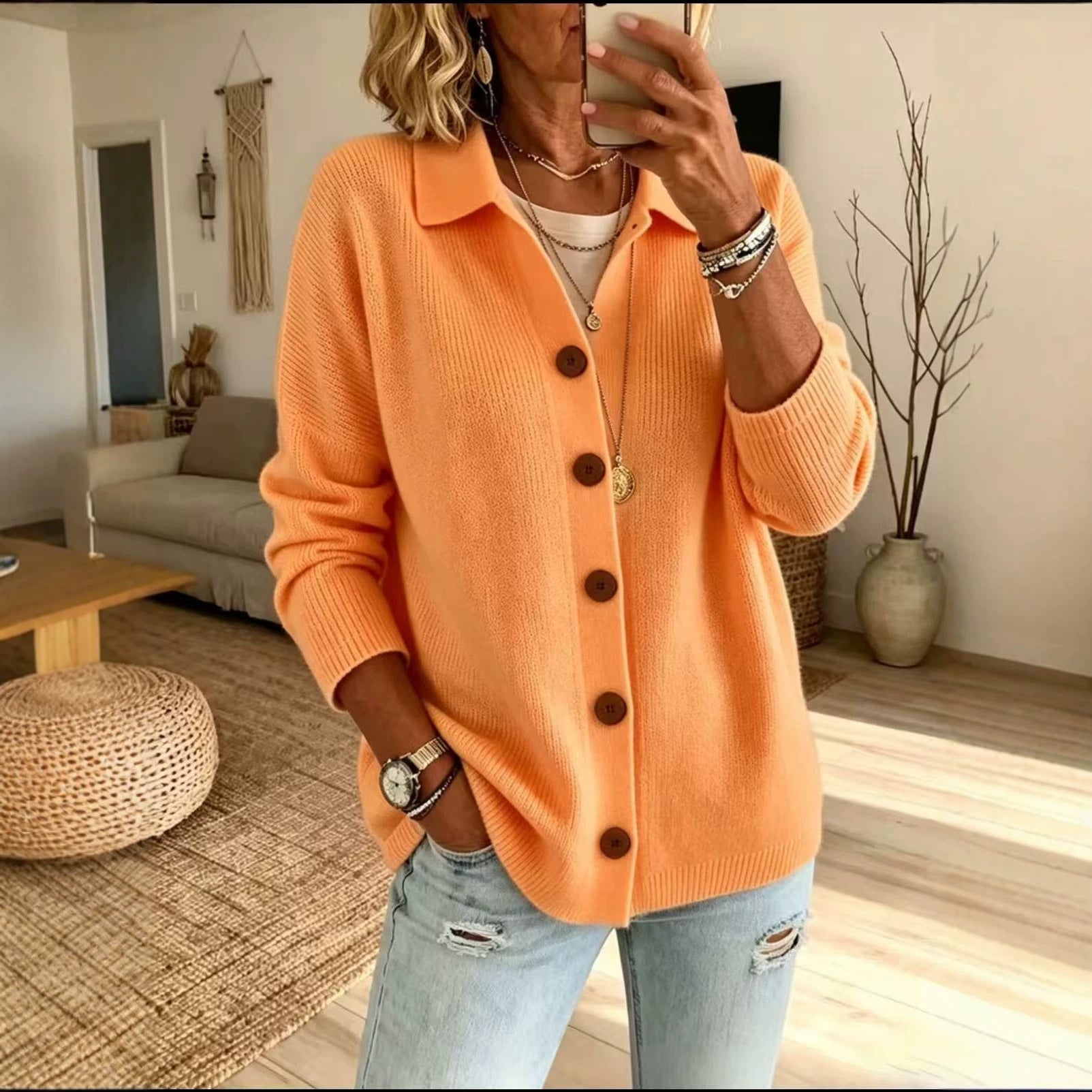 Button knit lapel sweater cardigan jacket