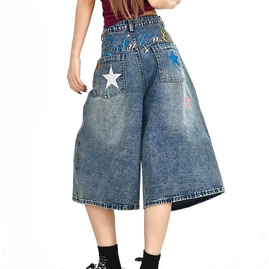 Star Letter Embroidery Denim Capri Pants