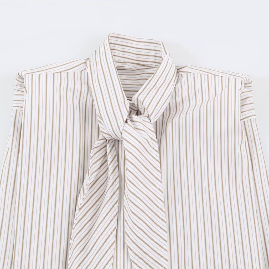 Ribbon tie shoulder pad striped shirt for women