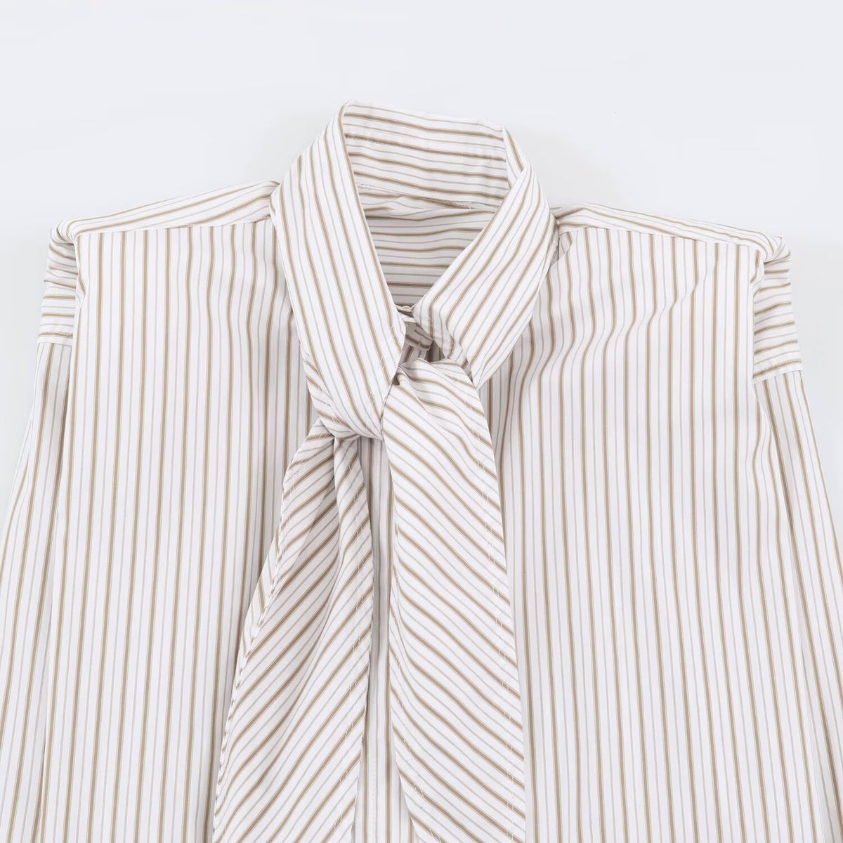 Ribbon tie shoulder pad striped shirt for women