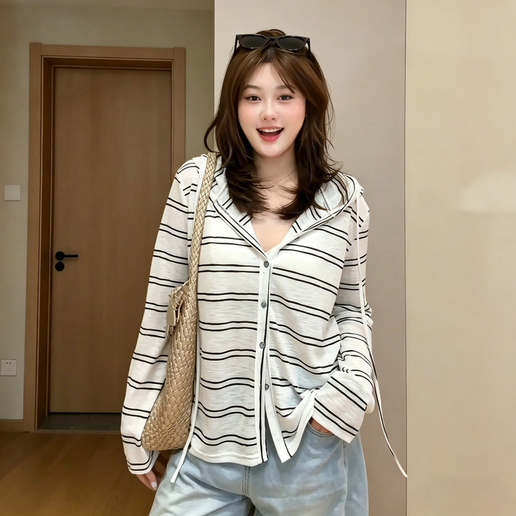 Casual Striped Long Sleeve Hooded Cardigan T-Shirt Lightweight Sun Protection Top