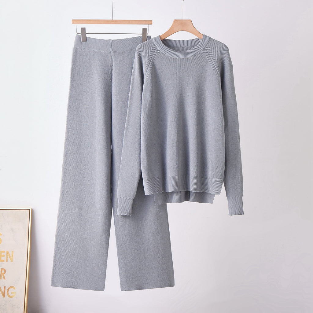 Loose long sleeved round neck wide leg pants two-piece set for women