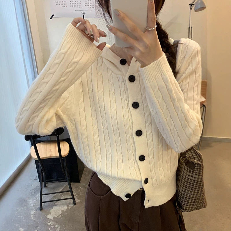 Hooded Cable Knit Cardigan for Women, Design Button Sweater Coat