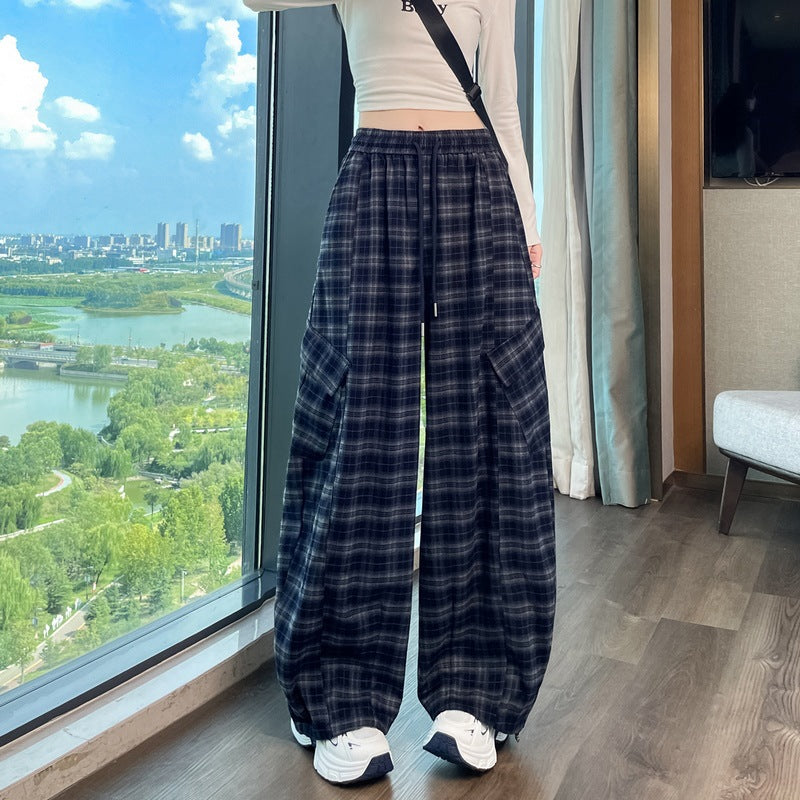 Retro Plaid Wide-Leg Pants for Women, Autumn New Design, High-Waisted, Stylish, Two-Way Wear, Casual Straight Leg Cargo Pants