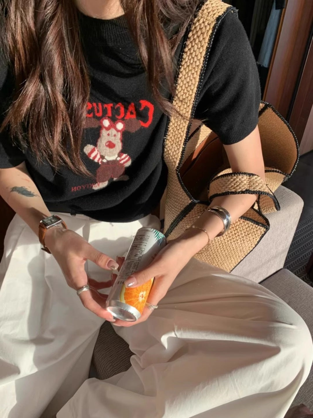 Cartoon Dog Short Sleeve Knitted Shirt for Women