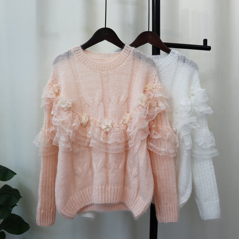 Splicing mesh flower sweater