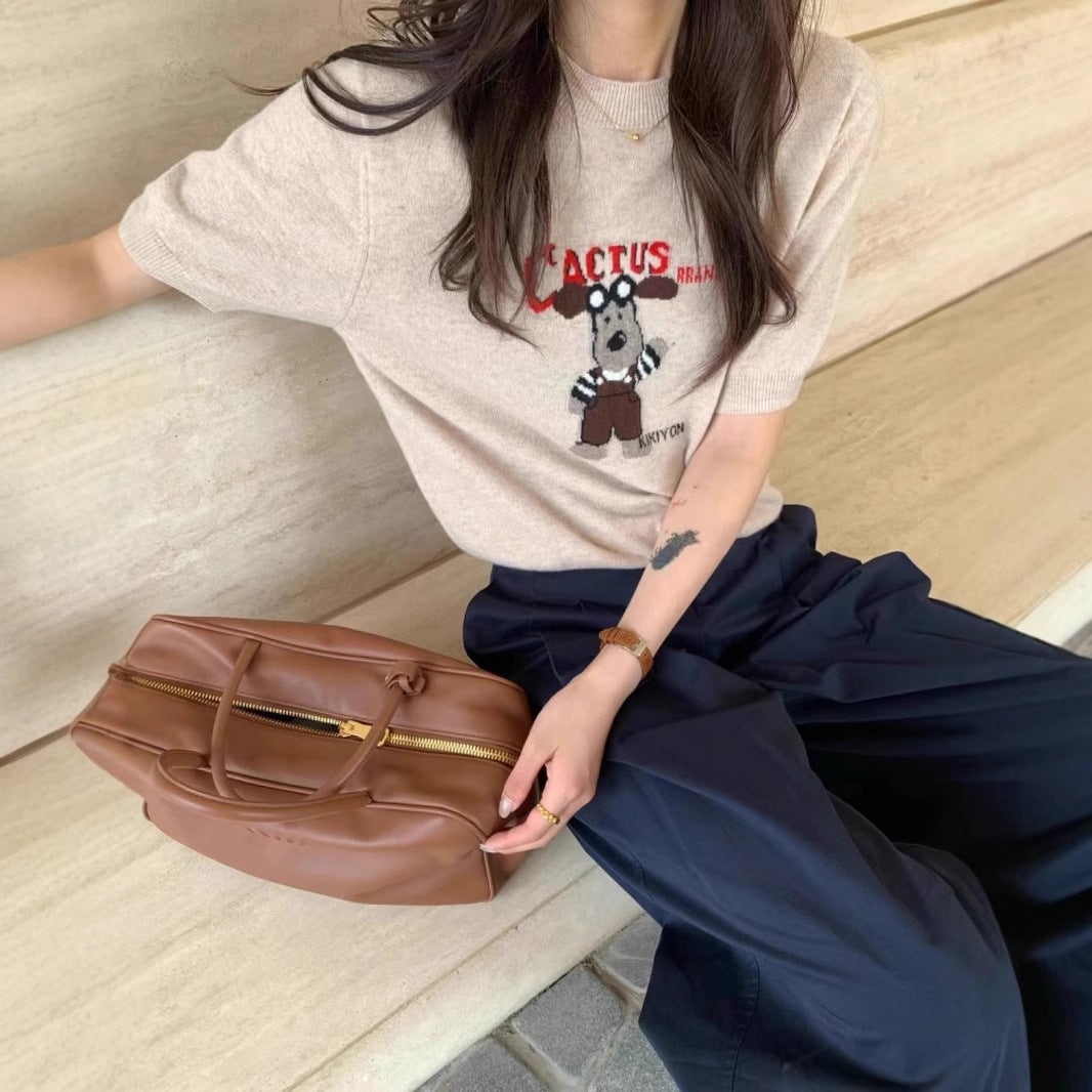 Cartoon Dog Short Sleeve Knitted Shirt for Women