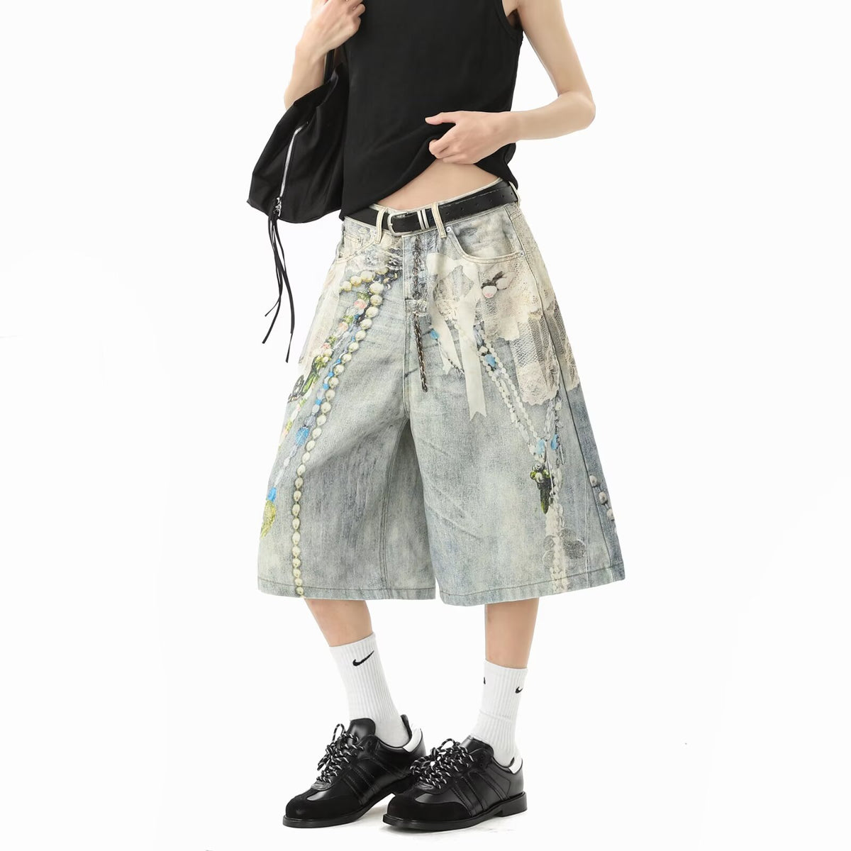 3D Print Denim Shorts Unisex Loose Wide Leg Straight Cut Capri Pants