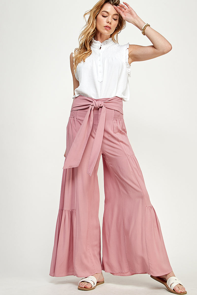 SB0217-1pc-WOVEN SMOCKING WAIST LONG PANTS-$17 (Sample Fir Display)