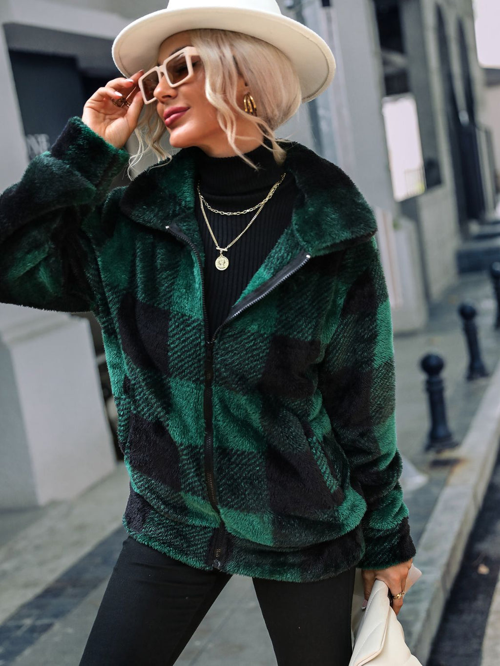 Women Plaid Zip-Up Collared Jacket