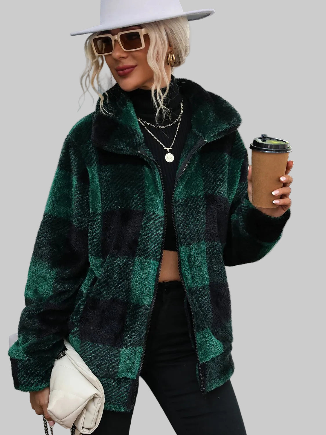 Women Plaid Zip-Up Collared Jacket