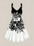 Boho Chic Black & White Skull Sleeveless Skater Short Dress
