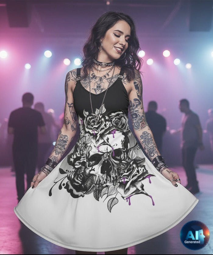 Boho Chic Black & White Skull Sleeveless Skater Short Dress