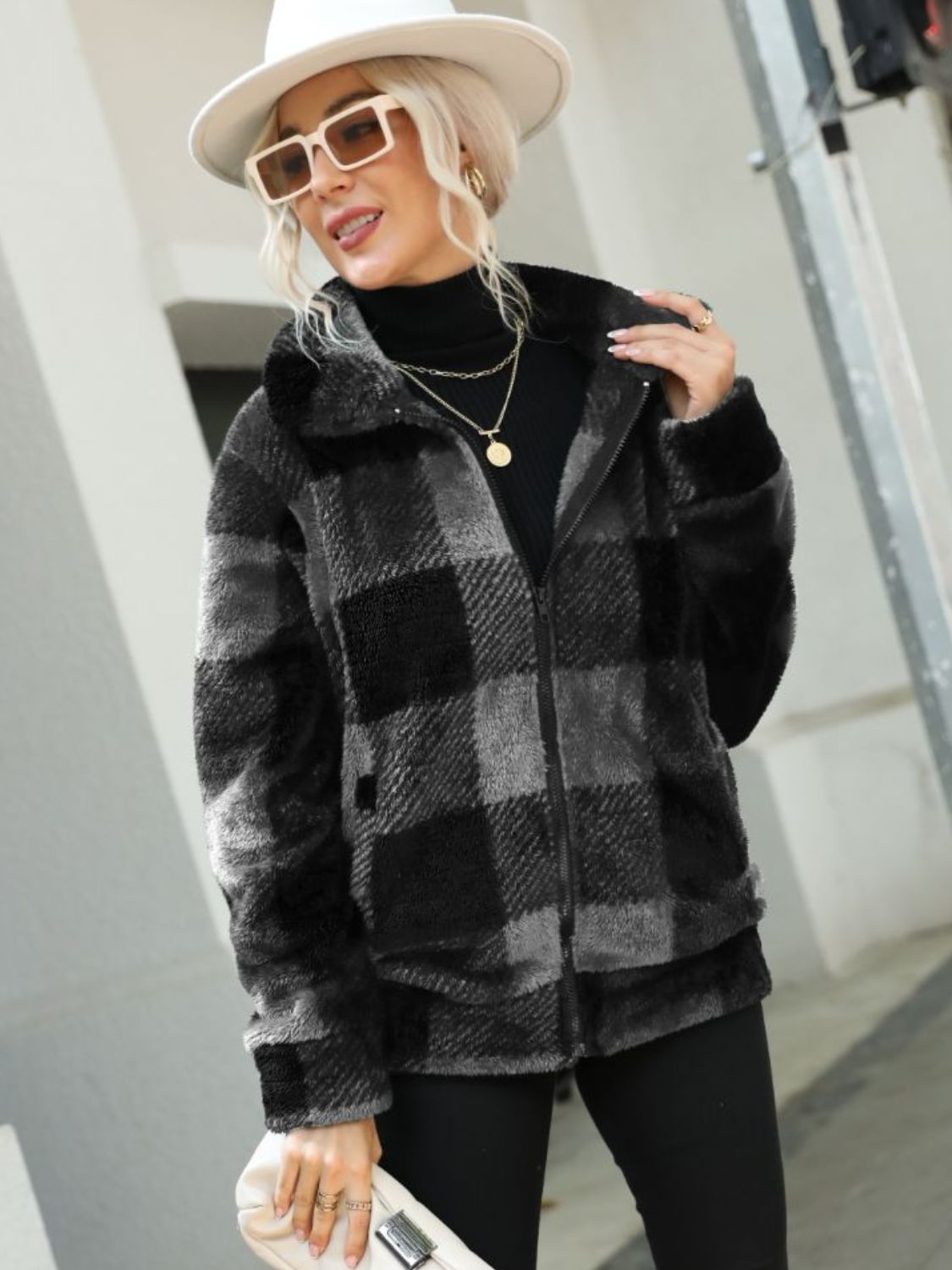 Women Plaid Zip-Up Collared Jacket