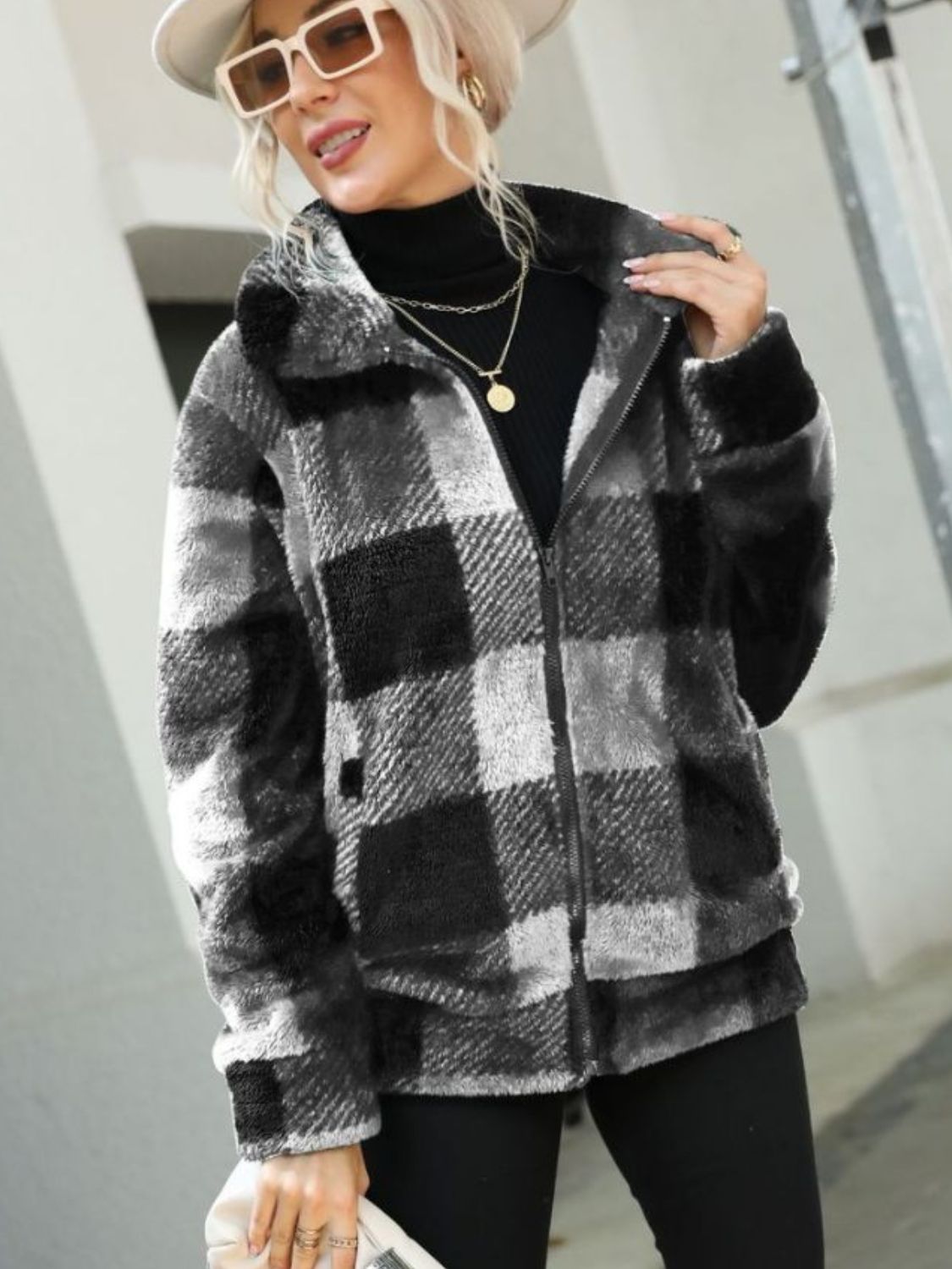 Women Plaid Zip-Up Collared Jacket