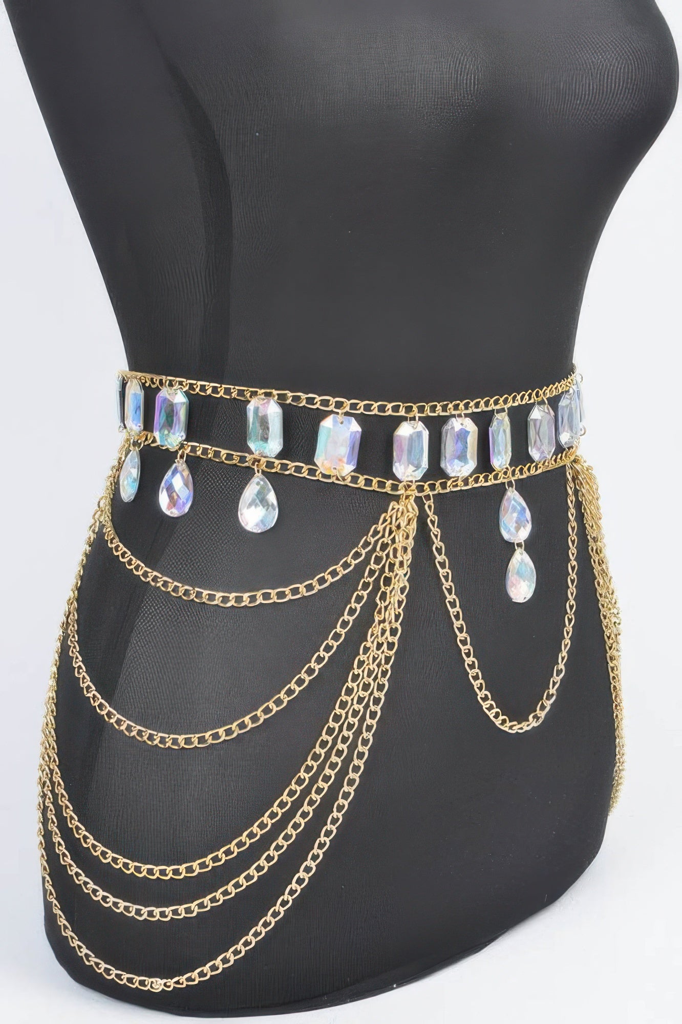 Metal Layered Chain Belt W/acrylic Stone