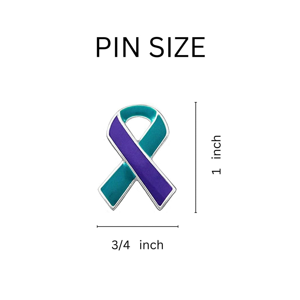 5/10/25/100 Pack Teal & Purple Ribbon Pins for Suicide, Sexual Assault Awareness