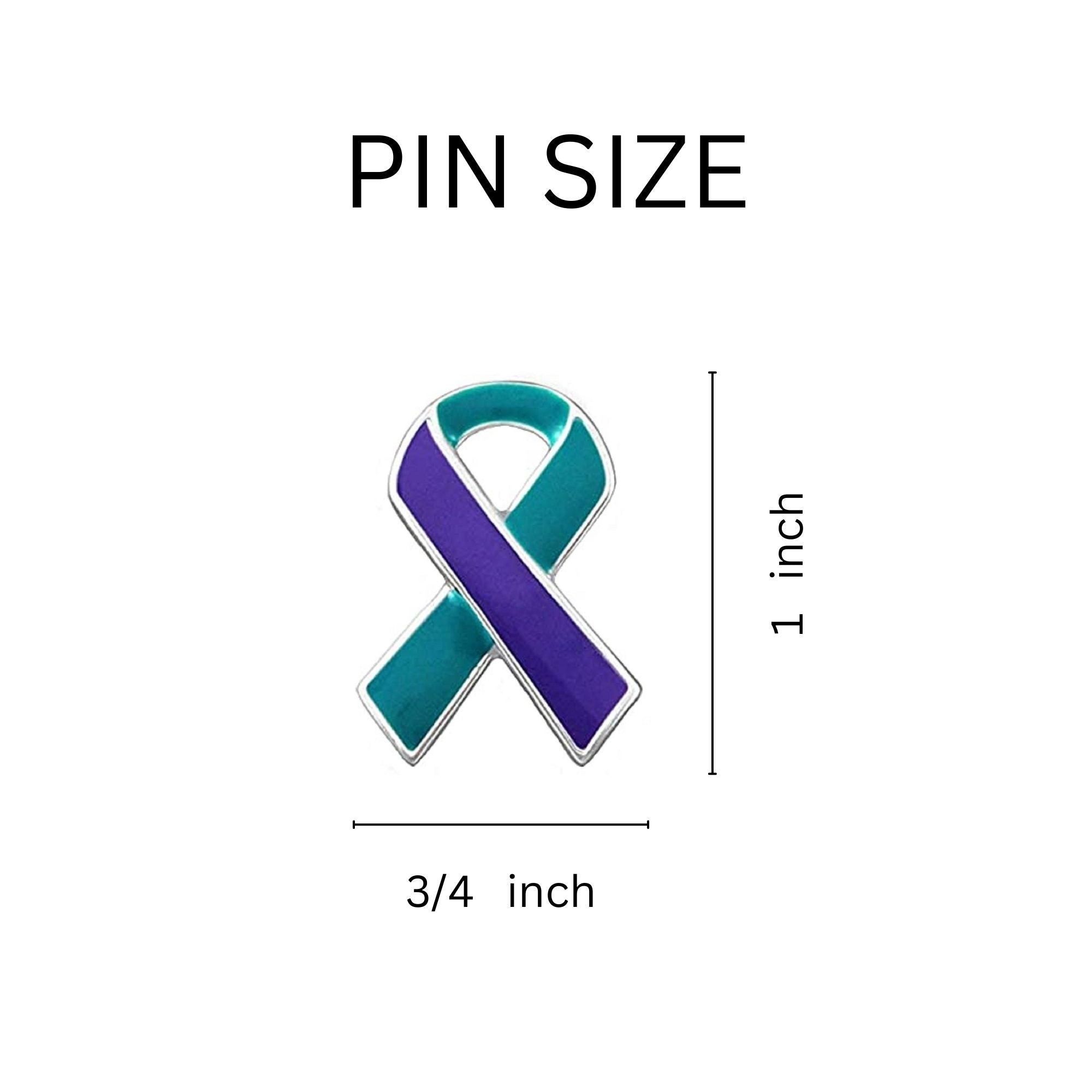 5/10/25/100 Pack Teal & Purple Ribbon Pins for Suicide, Sexual Assault Awareness